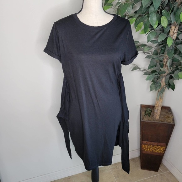 NEW Black Solid Round Neck Self Tie Bodycon Dress - Picture 7 of 10